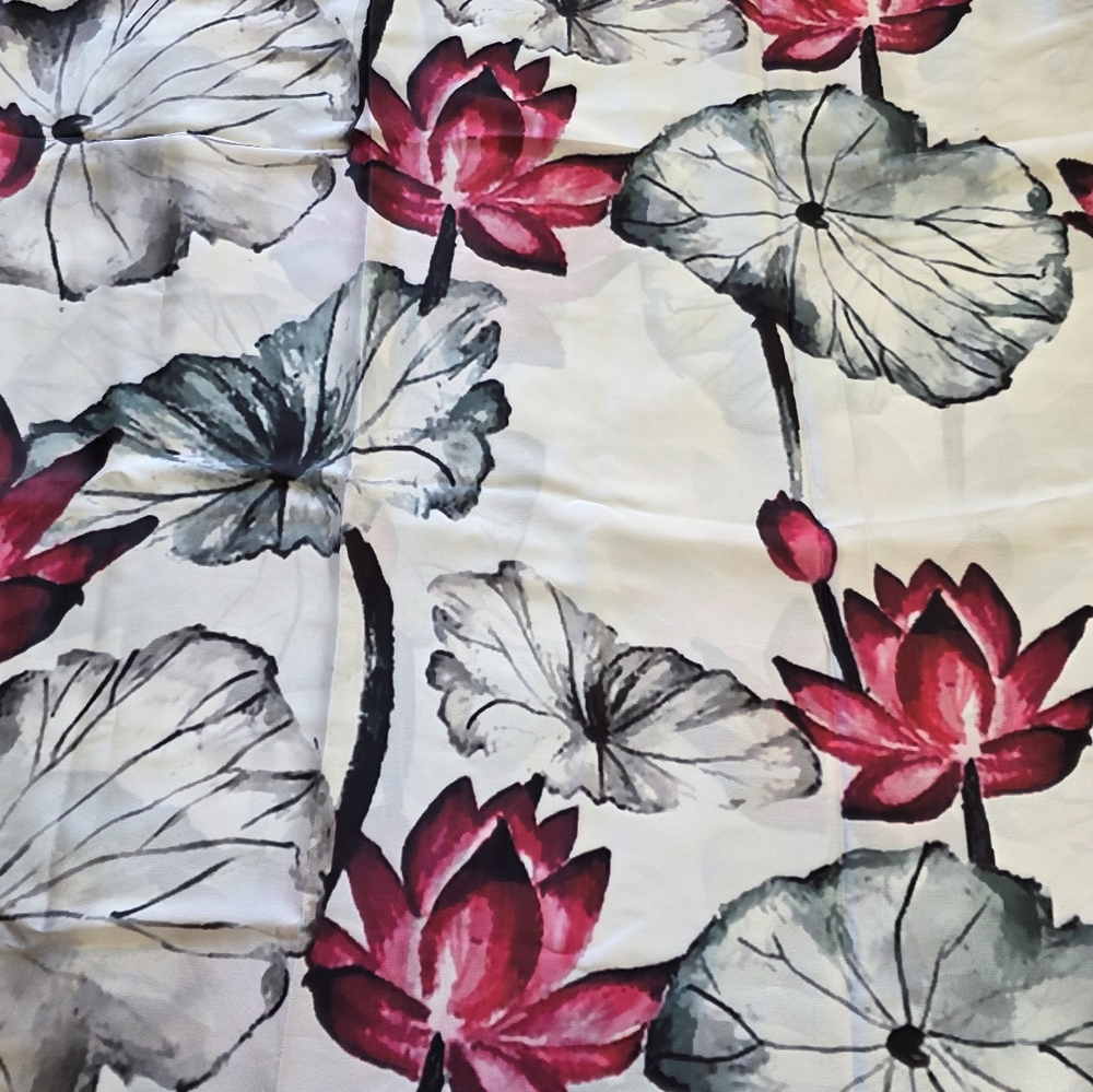 Floral Print Fabric with Red and Gray Lotus Design